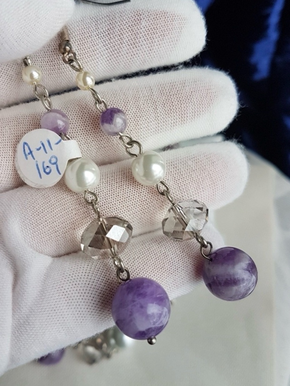 Swarovski Elements Genuine Amethyst Faux Pearl Long Earrings - NEW